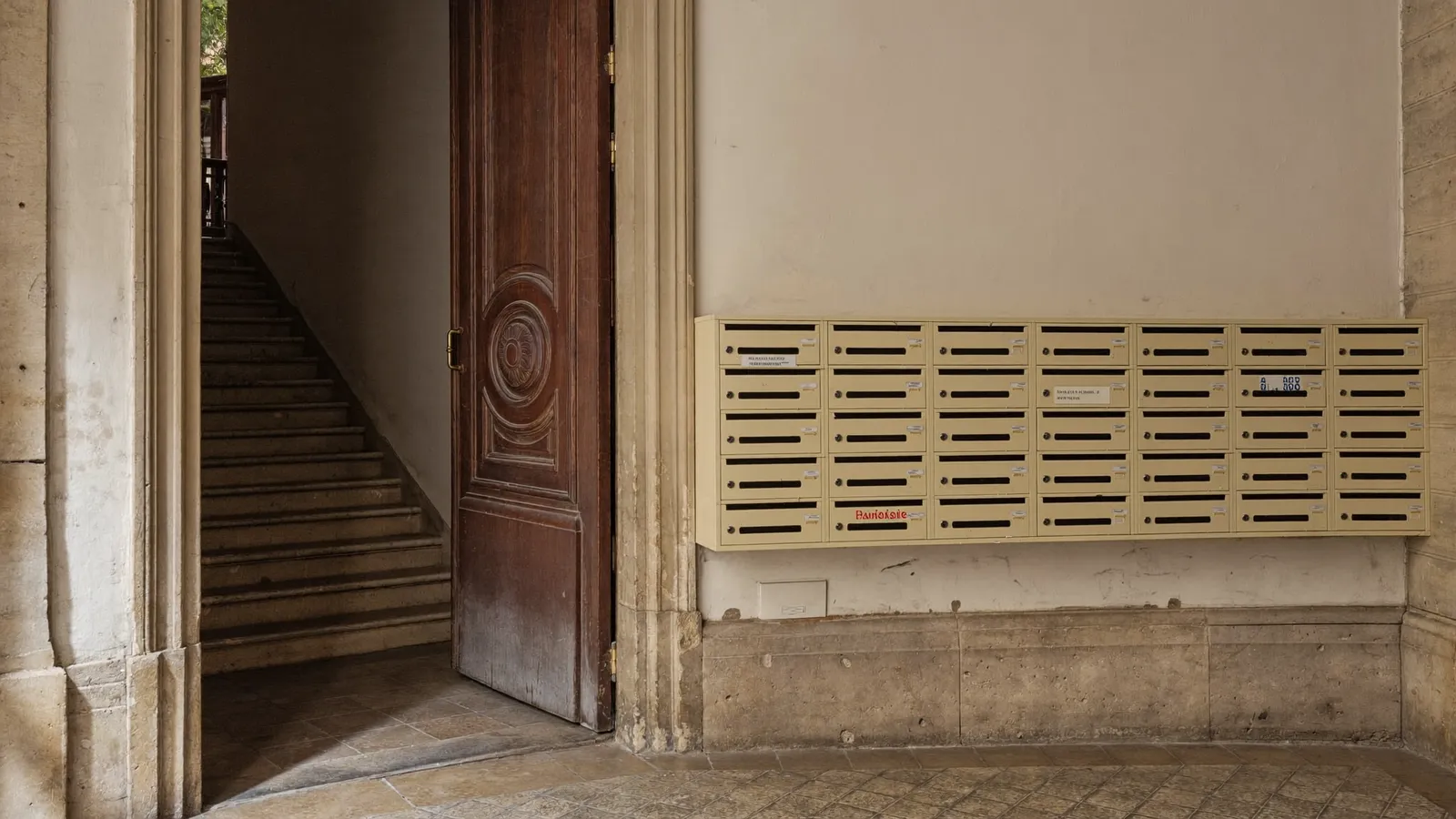 Hall d'entrée d'un immeuble ancien marseillais avec ses boîtes aux lettres et son escalier de pierre
